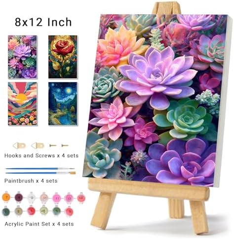 4 Pack Framed Paint by Numbers Kit for Adults Beginner Canvas Painting by Numbers for Adults Cactus Plants Easy Adult Paint by Number Kits with Frame Rose Flowers Watercolor Painting by Number 8x12 In - Image 2
