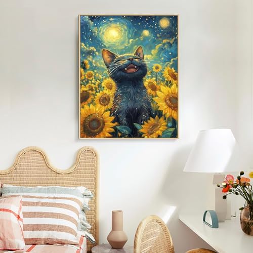 Paint by Numbers Kit for Adults, Sunflowers Black Cat Canvas Painting Set - Image 2