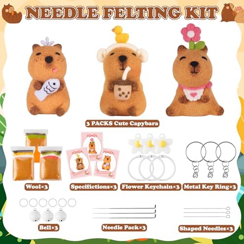 Capybara Needle Felting Kit - 3 Set Cute Animal DIY Doll Wool Craft Set with Felt Tool Instruction Foam Mat, DIY Needlework Keychain Craft for Adults Beginners Christmas Birthday Gift (Style 2) - Image 2