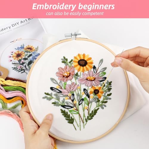 Sopoloray 4 Pack Embroidery Kit for Beginners Adults,Cross Stitch Kit with Floral Patterns,Complete Starter Set with Hoop,Pre-Printed Fabrics,Threads,Needles,Scissors,Hand Craft Lover Gift - Image 5