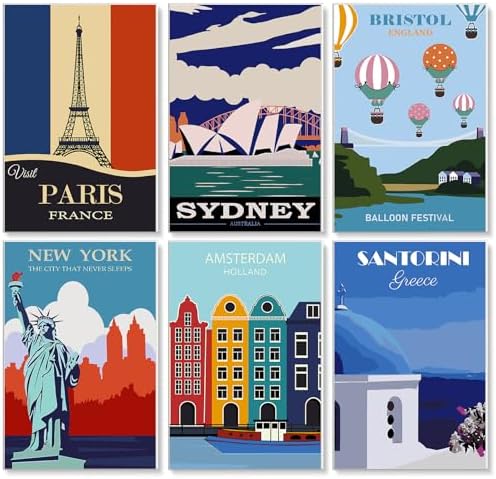 GEEHEIY 6 Pack Paint by Numbers Kit for Adults, Travel Poster, 8x12 Inch by GEEHEIY