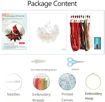 Zhenqing Cardinal Embroidery Kit for Beginners, Red Bird & Holly Needlework Craft with Pre-Printed Cotton Fabric, Hoop, Threads & Tools, Winter Holiday Decor (C0202) - Image 4