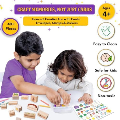 Ramadan & Eid Crafts Set with Stamps DIY Card-Making Kit for Kids 40 Pieces 11 Wooden Stamps, 12 Cards & Envelopes, 5 Pencils, Dual-Color Ink Pad, Ramadan Stickers-Islamic Gifts, Ramadan Decor - Image 4
