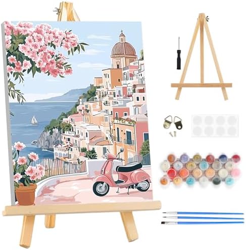 TOSTOG Coastal Town Framed Canvas Paint by Numbers Art Kit for Adults and Kids, Beginner Acrylic Oil Painting Supplies with Wooden Frame for Home Wall Decor 20 * 30 cm/8 * 11.8 in by TOSTOG