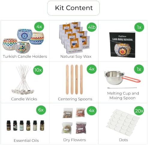 KRAFTSTORIES Candle Making Kit for Adults – DIY Candle Making Set with Natural Soy Wax, Wicks, Essential Oils, Dried Flowers & 4 Turkish Mosaic Glass Jars – Handmade Arts & Crafts Complete Gift (4) - Image 3