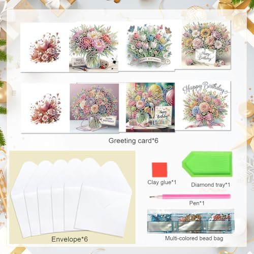 6 Pcs 5D DIY Diamond Painting Greeting Card Kit Bouquet, Diamond Art Christmas Birthday Holiday Greeting Card, Art Crafts Kit Creative with Envelope - Image 6