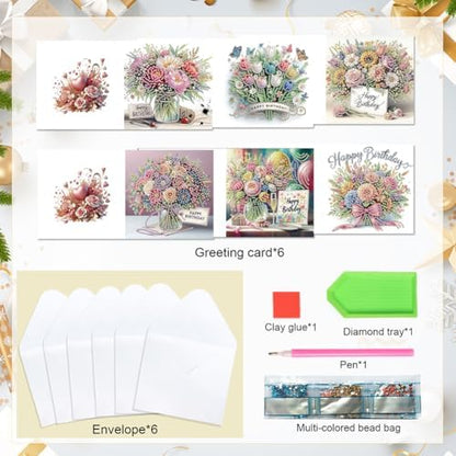 6 Pcs 5D DIY Diamond Painting Greeting Card Kit Bouquet, Diamond Art Christmas Birthday Holiday Greeting Card, Art Crafts Kit Creative with Envelope - Image 6
