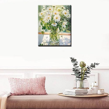 Tucocoo White Daisy DIY Paint by Numbers for Adults White Flowers with Green Leaves in Vase DIY Oil Painting Kits Canvas with Acrylic Paint Floral Plant Art 16x20 Inch （DIY Frame ） - Image 3