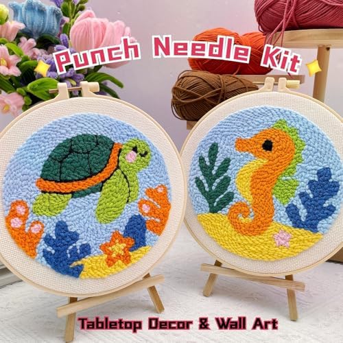 Punch Needle Kit for Beginner, 2-Pack Turtle & Sea Horse Punch Embroidery Starter Set with Instructions – Yarn Needle Punch Craft for Xmas Gift Idea & Home Wall Decor - Image 4
