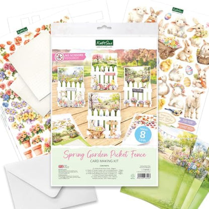 Katy Sue Spring Garden Picket Fence Card Making Kit. Contains 8 Shaped Cards, 3 Sheets of Die Cut Decoupage, Adhesive Foam Pads, Background Scenes, Instructions & 8 Envelopes for Card Making Supplies - Image 2