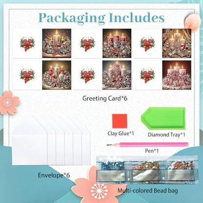 jinglinhh 6pcs Christmas Bow Candle Diamond Art Painting Greeting Cards with Envelopes, DIY Card Making Kits for Adults, Diamond Art Postcards Christmas Cards Craft Gifts - Image 3