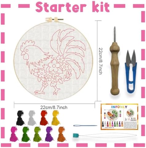 INFUNLY Rooster Punch Needle Embroidery Kits for Beginners Adults Flower DIY Punch Needle Starter Kits Animal Needles Stitching Kit with Instruction Tools Yarns for Art Crafts Festival Gift Home Decor - Image 2