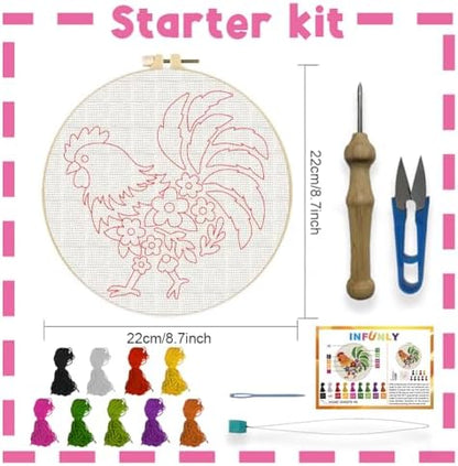 INFUNLY Rooster Punch Needle Embroidery Kits for Beginners Adults Flower DIY Punch Needle Starter Kits Animal Needles Stitching Kit with Instruction Tools Yarns for Art Crafts Festival Gift Home Decor - Image 2
