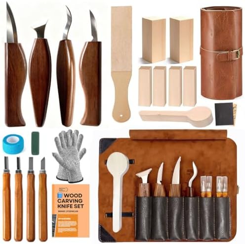 Dysenklan Wood Carving Kit Deluxe-Whittling Knife with PU Storage Bag,4 Wood Carving Knives 4 Detail Knives 6 Blocks, Woodworking Widdle Gift for Beginners Kids Adults Hobby by Unknown