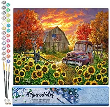 Figured'Art Paint by Numbers Kit for Adults Sunflowers in Front of The barn 16"x20" - Craft Art Painting DIY Kit Rolled Canvas Without Frame by FiguredArt