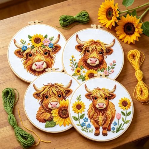 BEUNITONE 4pcs Embroidery Kit, Highland Cow & Sunflowers Stamped Embroidery Kits with Hoop, Thread & Needles, Colorful Cross Stitch Kits Sewing Gifts for Adults and Beginners, DIY Craft for Relaxation - Image 6