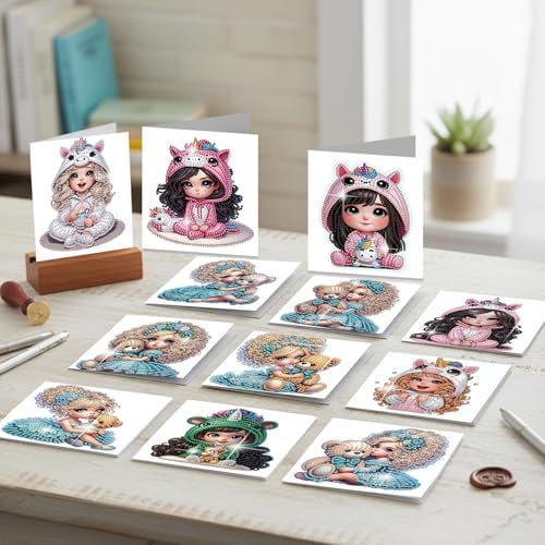 C'eitura 12Pcs Cartoon Girl Diamond Art Painting Greeting Card Kit with Envelopes, DIY Cute Theme Christmas Birthday Thanksgiving Card Making Set, Cute Style Handmade Card Craft - Image 2
