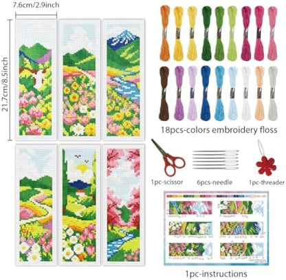 INFUNLY 6 Set Spring Scenery DIY Cross Stitch Bookmark Kits for Adults Wildflowers Counted Cross Stitch Kit with Instructions Landscape Stamped Embroidery Bookmark Kit for Book Lovers Readers Gift - Image 2
