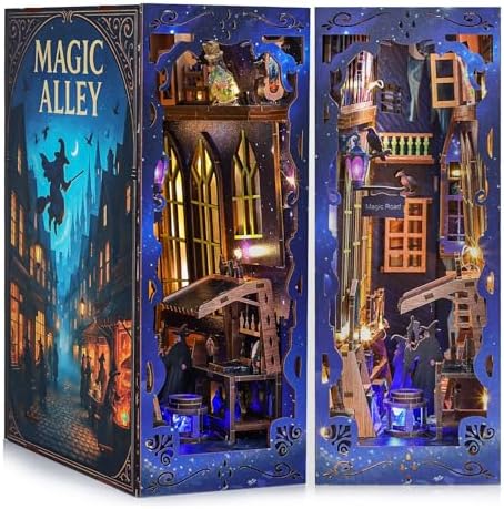 Magic Alley Book Nook Kit - DIY Miniature House Kit for Adults, Teens and Beginners, Magic Miniature Diorama with LED Light, 3D Wooden Puzzle Bookend Bookshelf Insert Decor, Gifts for Fantasy Lovers by QIANLING