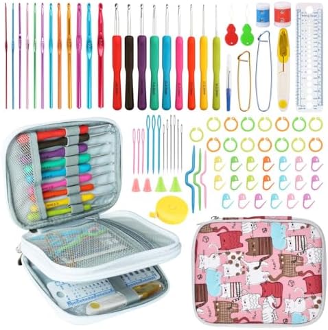 HATINXIA Crochet Hooks, 85pcs Crochet Hook Set with Storage Case, Yarn Crochet Kit for Beginners, Ergonomic Crochect Needles DIY Knitting Accessories Tools for Experienced Crochet Lovers, C2 Cat by HATINXIA
