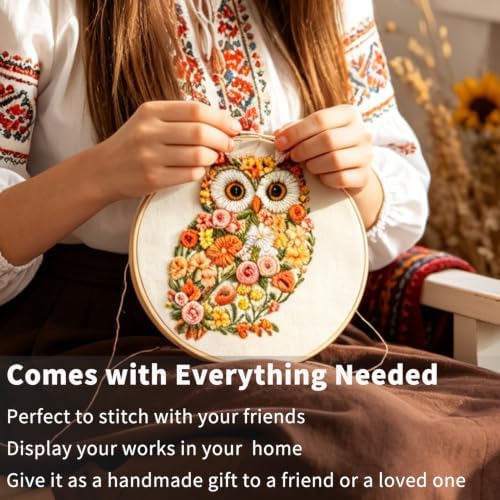 FONNUY Floral Owl Embroidery Kit for Beginners, DIY Handmade Flower Animal Embroidery Set with Hoop, Stamped Cross Stitch Kit for Adults, Unique Home Wall Art Decor & Craft Gift (Orange) - Image 3