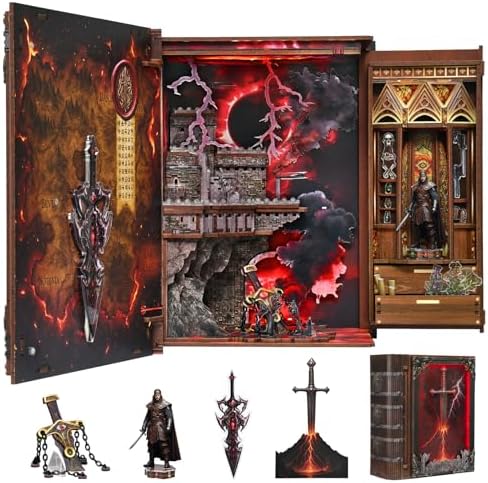 MiniCity Sword of Fire Book Nook Kit, 3D Wooden Bookshelf Puzzle with LED by MiniCity