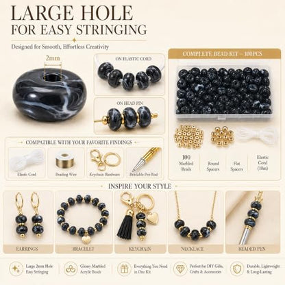 100Pcs 14mm Large Acrylic Beads for Jewelry Making, Chunky Marbled Round Focal Beads Bulk Set with Spacer Beads for DIY Bracelets Necklaces Keychains Bag Charms (Black) - Image 4