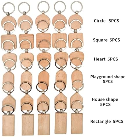 YOZIEMQ 30PCS Wood Engraving Blanks Key Chain，Wood Keychain Blanks，Assorted Unfinished Wooden Key Tag Key Ring for DIY Gift Crafts Christmas Ornaments Laser (30) - Image 2