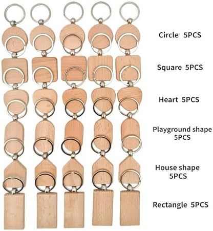 YOZIEMQ 30PCS Wood Engraving Blanks Key Chain，Wood Keychain Blanks，Assorted Unfinished Wooden Key Tag Key Ring for DIY Gift Crafts Christmas Ornaments Laser (30) - Image 2