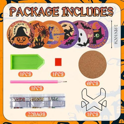 EWJRNSF 6 PCS Halloween 5D Diamond Painting Coasters Kit with Holder DIY - Image 2