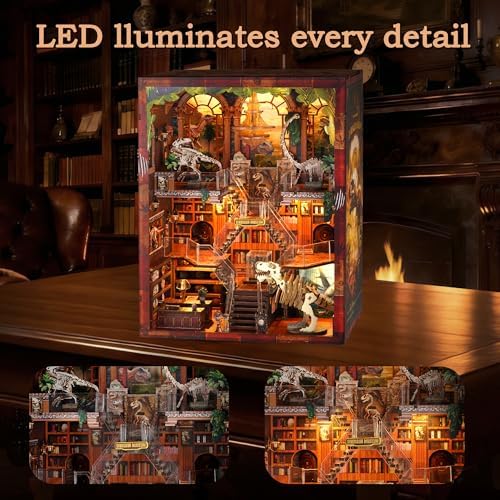 Dinosaur Museum Dollhouse Book Nook - 3D Wooden Puzzle with LED Lights, DIY Miniature Diorama for Bookshelf Decor, Unique Gift for Adults & Teens - Image 5