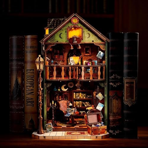 Book Nook DIY Miniature House Kit, 3D Wooden Puzzle Coffee House Dollhouse with Light & Tools, Creative Bookshelf Insert Craft Gifts for Adults Teens (Owl Library) - Image 6