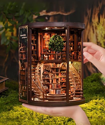 Book Nook Kits for Adults Fantasy 3D Puzzle Library Booknook Kit with Dust Cover Wisdom Book Repository Round Bookshelf Decor Wooden DIY Spiral Staircase Miniature Dollhouse Book House - Image 4