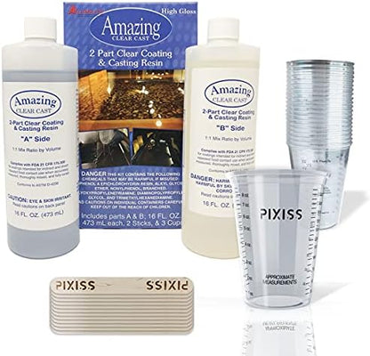 Alumilite Clear Cast Epoxy Resin Kit - 32 Ounce, 20 Disposable Plastic Mixing Cups, Pixiss Mixing Sticks Bundle by GrandProducts+Art+Bundles