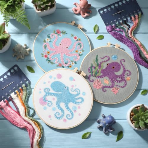 Mindsoft 3 Set Needlepoint Kit for Beginners with Hoop,Octopus - Image 2