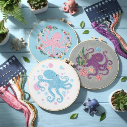 Mindsoft 3 Set Needlepoint Kit for Beginners with Hoop,Octopus - Image 2