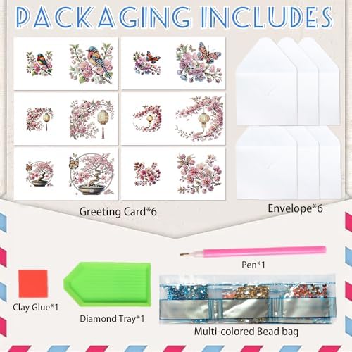 6pcs 5D DIY Diamond Painting Kit Greeting Card, Small Bird Peach Blossom Diamond Handmade Greeting Card with Envelope, Holiday Gift Congratulations - Image 3