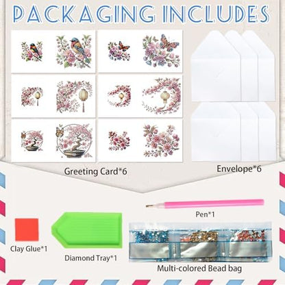6pcs 5D DIY Diamond Painting Kit Greeting Card, Small Bird Peach Blossom Diamond Handmade Greeting Card with Envelope, Holiday Gift Congratulations - Image 3