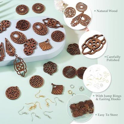 Elecrelive 10 Pairs Wooden Dangle Earring Making Kit Teardrop Oval Flower Leaf Shapes Natural Wood Earring Blanks with Hooks for DIY Craft Jewelry Making - Image 2