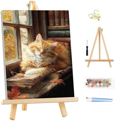 EOBROMD Framed Paint by Numbers Kits for Adults with Wooden Easel, Sleepy Cat DIY Paint by Numbers for Adults Beginner, Painting on Stretched Canvas, Oil Painting Kits for Home Decor Gift 10x14 Inch by EOBROMD