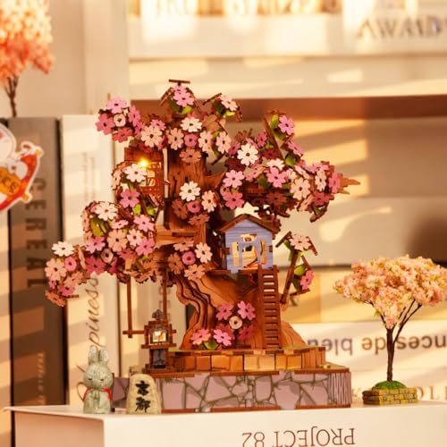 Sakura Tree House DIY Miniature House Kit for Adults, 564PCS 3D Wooden Puzzle with Light, Japanese Cherry Blossom Building Set, Wooden Craft Model Home Decor Gift by Unknown