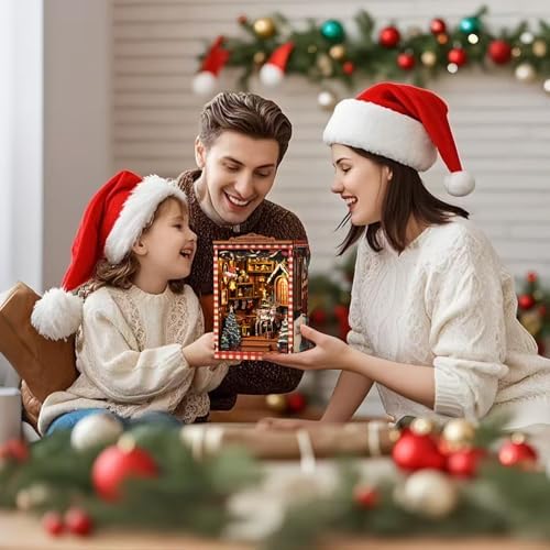 DIY Mini Book Nook Kit, Snow Realm Wei Pavilion 3D Wooden Puzzle with LED Lights, Christmas Themed Bookshelf Decor, 161 Pcs Adult Craft Model for Home & Gift - Image 2
