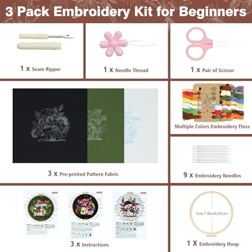RidaaFri Embroidery Kit for Beginners, 3 Pk Stamped Mushroom DIY Craft - Image 3