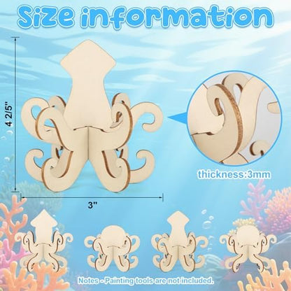 COCHIE DIY 3D Summer Ocean Wood Crafts to Paint for Kids Adults, Paintable Unfinished Wooden Slices for Craft, Octopus Squid Cutouts Ornaments for Painting Decorations 24 PCS Formed Into 8 Crafts - Image 2