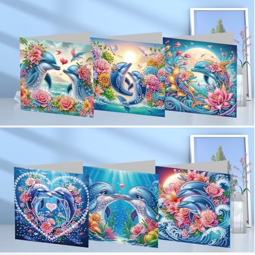 jinglinhh 6pcs Dolphin Couple Flowers Diamond Art Painting Greeting Cards with Envelopes, DIY Card Making Kits for Adults, Diamond Art Postcards Christmas Cards Craft Gifts - Image 4
