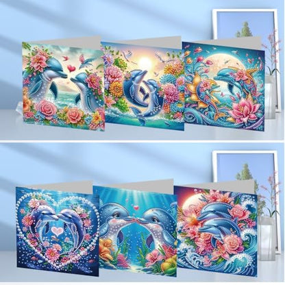 jinglinhh 6pcs Dolphin Couple Flowers Diamond Art Painting Greeting Cards with Envelopes, DIY Card Making Kits for Adults, Diamond Art Postcards Christmas Cards Craft Gifts - Image 4