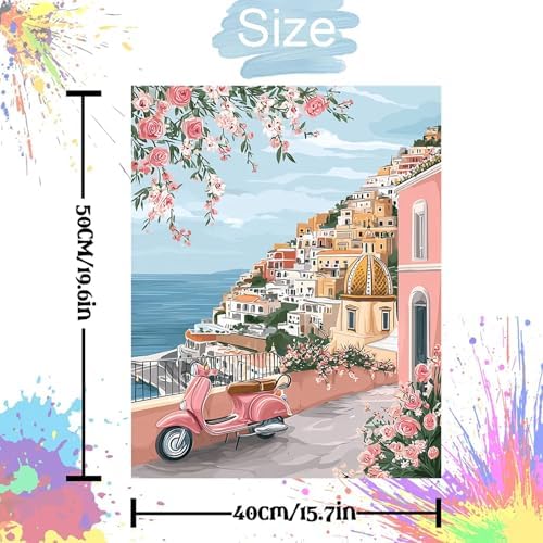 Jiqinsiye Houses Adults Paint by Number Kits,Seaside Town Painting by Number Kits on Canvas,Large Color by Numbers Adult Watercolor Gifts for Friends Wall Decor - Image 3