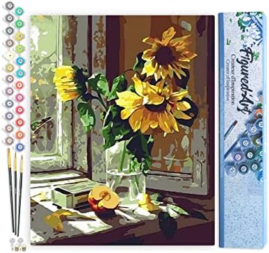 Figured'Art Paint by Numbers for Adults Sunflowers and Apple in Front of The Window 16"x20" - Craft Art Painting DIY Kit Rolled Canvas Without Frame by FiguredArt