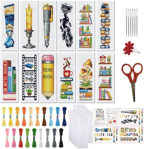 FREEBLOSS 12 Set 11CT Book Theme Cross Stitch Bookmark Kit for Adults Beginners DIY Stamped Cross Stitch Kit Reading & Pen Theme Handmade Gift for Book Lovers, 20x6cm/7.9×2.4" by FreeandCreativeCraftsArt