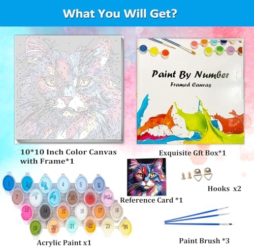 Artunion Framed Paint by Numbers Kit for Adults Beginners & Kids Ages 8-12,Colorful Cat Paint by Number with Frame,Easy Acrylic Paint by Numbers Kit on Canvas 10 * 10 Inch Without Easel - Image 4